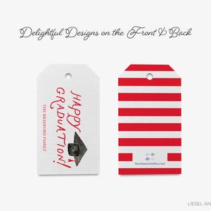 two graduation-themed tags, one with a red and white striped background and the other with a black graduation cap and mortarboard.