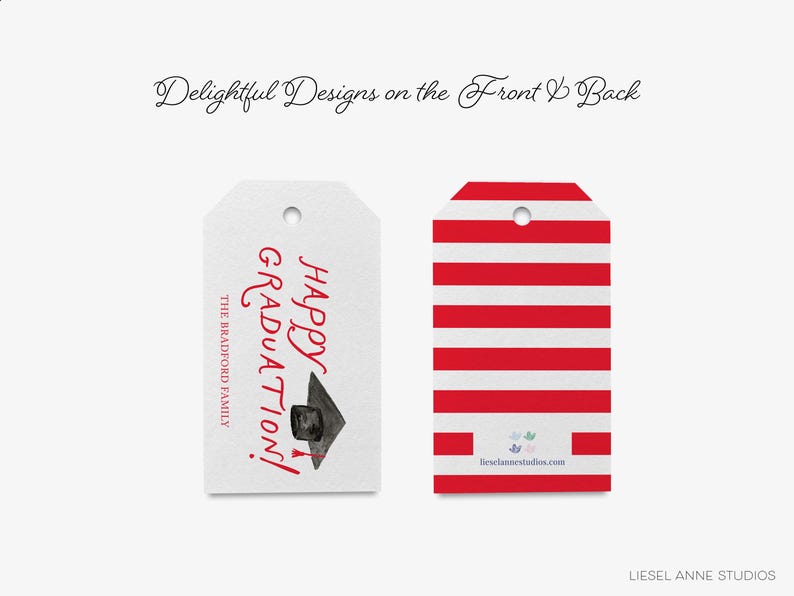 two graduation-themed tags, one with a red and white striped background and the other with a black graduation cap and mortarboard.