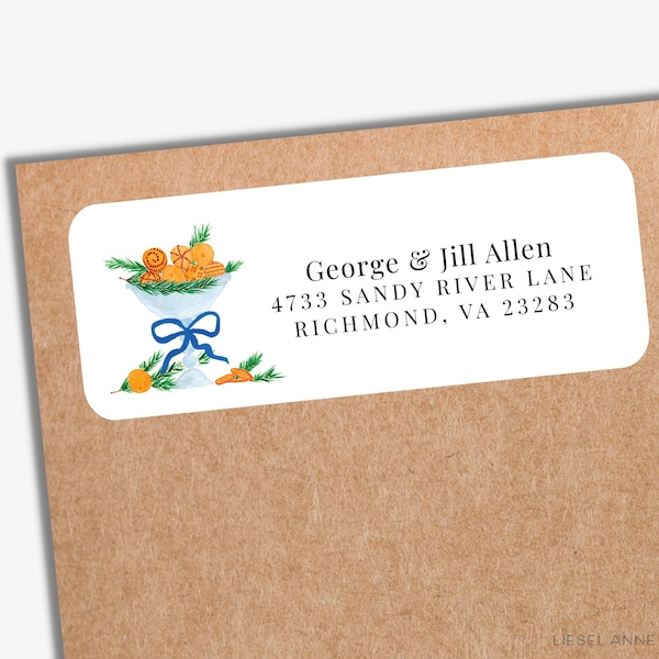 Tryckta returadressetiketter med apelsinskål för högtider | Vitt adresskuvert | Personligt citrusutskick | Familjekort med julgranskulor