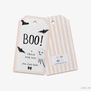 a Halloween-themed tag with the text "BOO!" and a ghost character.