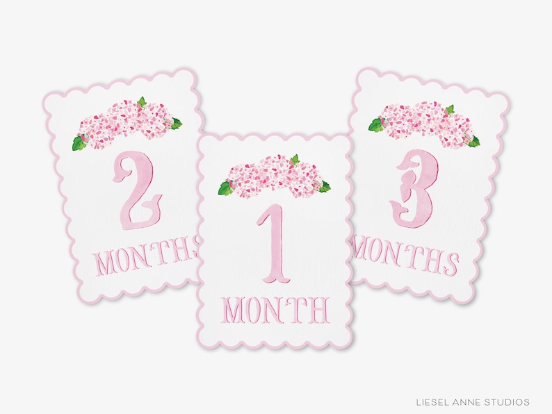 May include: Three pink and white cards with scalloped edges and floral designs. The cards are numbered 1, 2, and 3 with the word "month" or "months" written below each number.