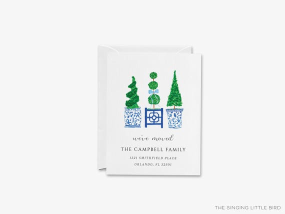 Topiary Moving Announcement Card | Change of Address Card | We've Moved Cards | New Home | Personalized House | Blue and White Chinoiserie