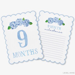 May include: Blue and green watercolor floral baby milestone card with the number 9 and the text "9 months" on one side and the text "9 month milestones" on the other side.