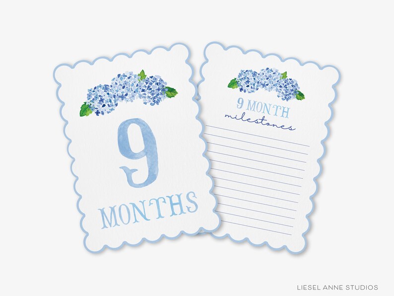 May include: Blue and green watercolor floral baby milestone card with the number 9 and the text "9 months" on one side and the text "9 month milestones" on the other side.