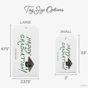 two tag sizes, labeled as large and small, with a graduation cap design. The tag sizes are 2.375 inches and 3.5 inches, respectively.