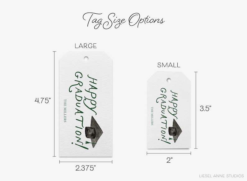 two tag sizes, labeled as large and small, with a graduation cap design. The tag sizes are 2.375 inches and 3.5 inches, respectively.