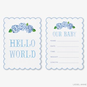 May include: Two blue and white baby announcement cards with a watercolor illustration of blue hydrangeas. The first card says "Hello World" and the second card says "Our Baby" with blank lines for the baby's name, date, time, weight, and length.