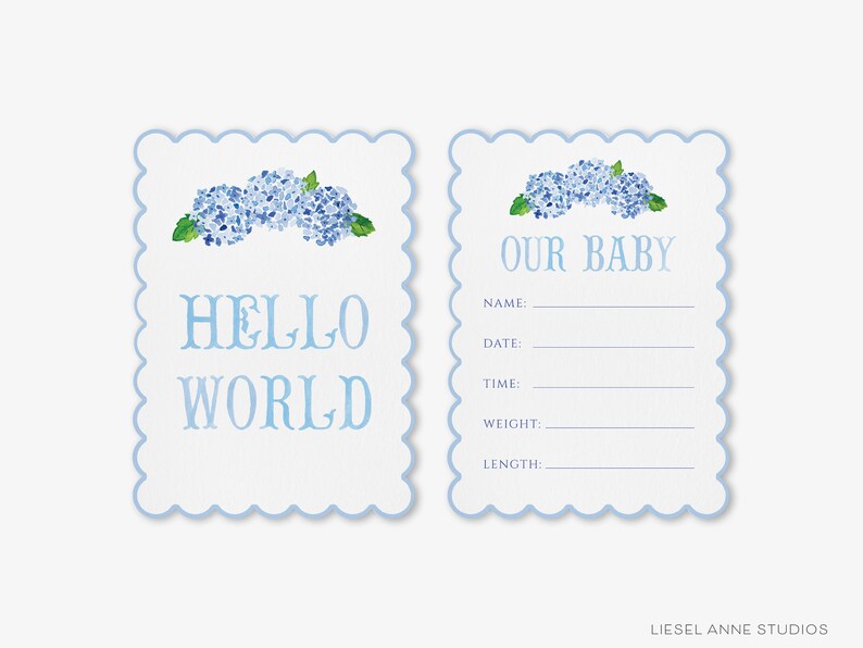 May include: Two blue and white baby announcement cards with a watercolor illustration of blue hydrangeas. The first card says "Hello World" and the second card says "Our Baby" with blank lines for the baby's name, date, time, weight, and length.