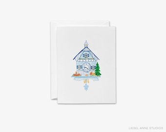 Blue and White Cuckoo Clock Greeting Card | Cuckoo Clock | Just Because Card | Clock Card | Oktoberfest Card | Watercolor Thank You Card