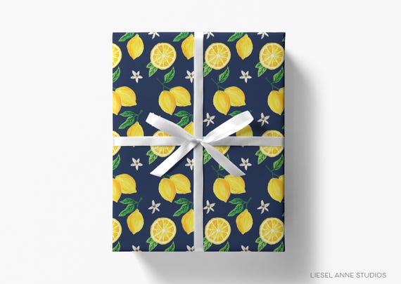 Lemon Gift Wrap | Navy Blue Wrapping Paper | Lemon Lover Wrapping Paper | Spring Summer Wrapping Paper | Citrus | Baby Shower Birthday
