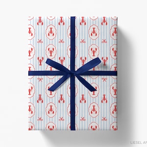 Lobster Stripe Gift Wrap | Coastal Wrapping Paper | Summer Wrapping Paper | Lobster Paper | Blue and White Gift Wrap