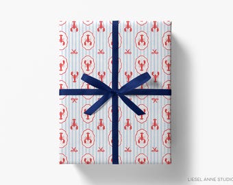 Lobster Stripe Gift Wrap | Coastal Wrapping Paper | Summer Wrapping Paper | Lobster Paper | Blue and White Gift Wrap