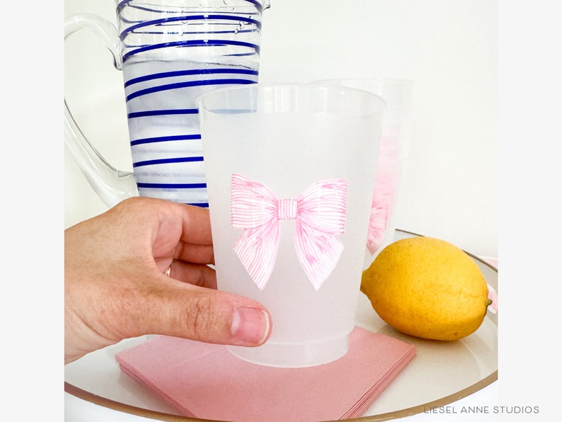 Striped Pink Bow Frosted Shatterproof Cups | Reusable Baby Shower Party Cups | Bridal Shower Cups | 16oz Cup | Bow Cups image 3