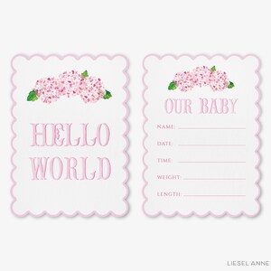 May include: Two pink and white cards with a pink floral design. The card on the left says "Hello World" and the card on the right says "Our Baby" with blank lines for name, date, time, weight, and length.