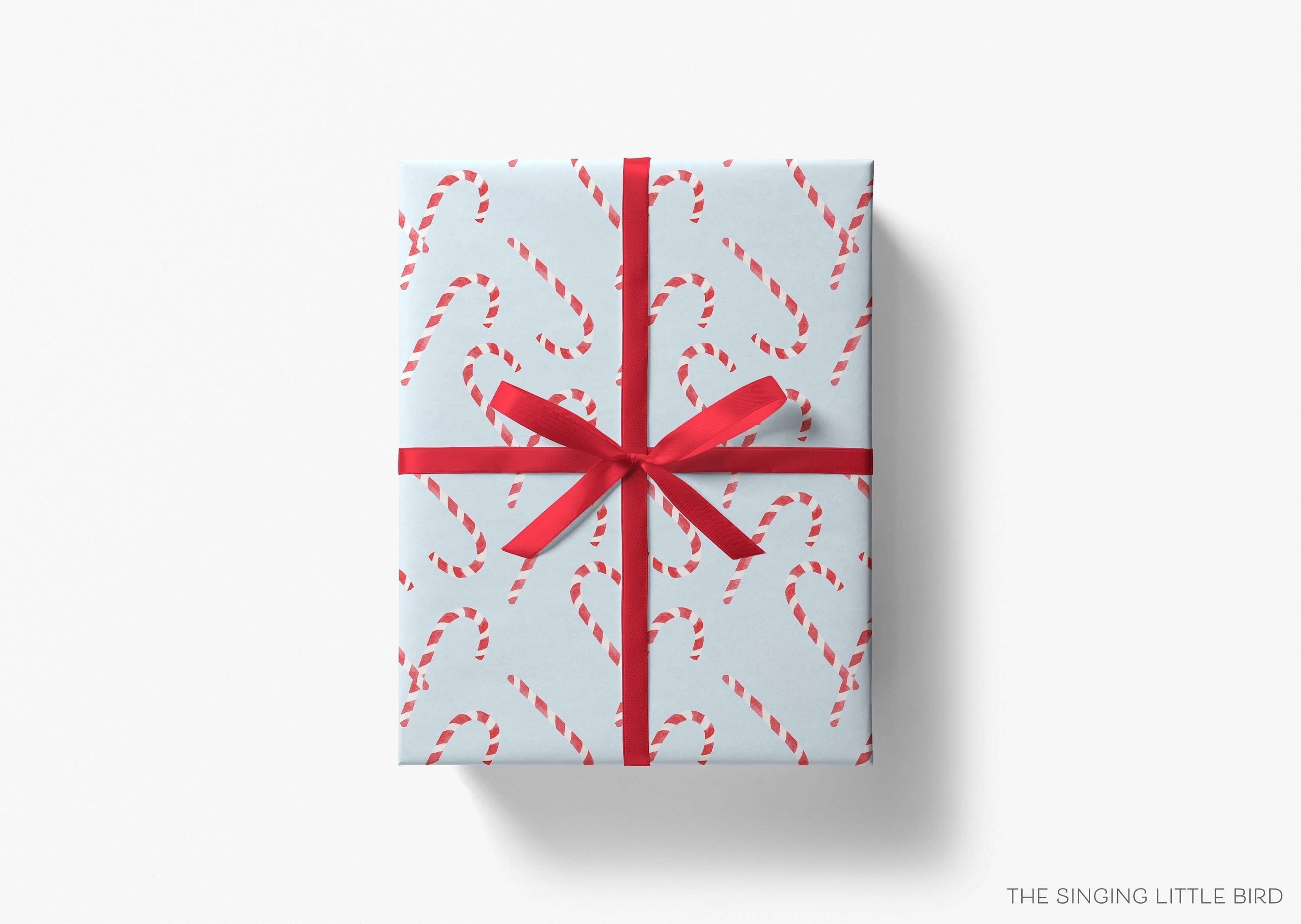 Candy Cane Christmas Gift Wrap | Light Blue Watercolor Christmas Wrapping Paper | Holiday Wrapping Paper | Peppermint Blue | Red and White