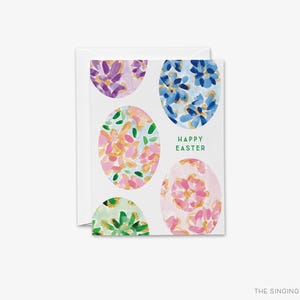 Cartão de Páscoa | Ovos de Páscoa Coloridos | Cartão Cristão | Cartão de Feliz Páscoa | Cartão Dobrado em Aquarela | Cesta de Páscoa Floral Abstrata