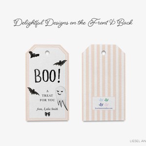 two Halloween-themed tags, one with a "BOO!" message and the other with a striped pattern.