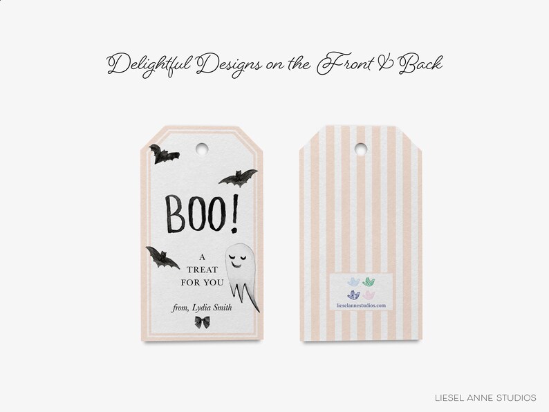 two Halloween-themed tags, one with a "BOO!" message and the other with a striped pattern.