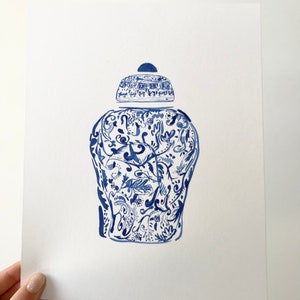 Ginger Jar Watercolor Print | Hand Painted Chinoiserie Art | Artwork | Blue and White Fine Art | Beautiful Home Decor | Blue and White Vase