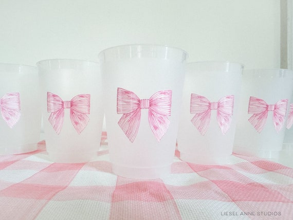 Striped Pink Bow Frosted Shatterproof Cups  | Reusable Baby Shower Party Cups | Bridal Shower Cups | 16oz Cup | Bow Cups