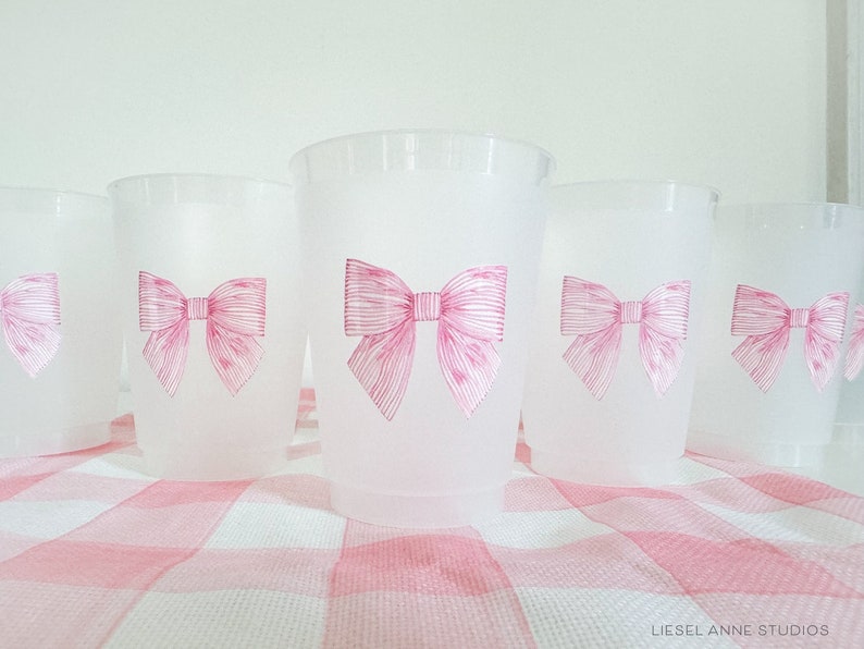 Striped Pink Bow Frosted Shatterproof Cups | Reusable Baby Shower Party Cups | Bridal Shower Cups | 16oz Cup | Bow Cups image 1