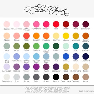 May include: Color chart with 6 rows of 10 color swatches. Each swatch is labeled with a color name. The colors are arranged in a rainbow order, starting with blush and ending with latte.