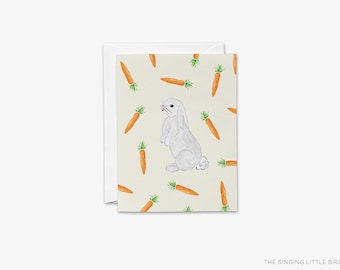 Tarjeta de felicitación de conejo con zanahorias / Tarjeta de conejito / Tarjeta de felices Pascuas / Tarjeta plegada de acuarela de conejito de Pascua / Tarjeta de animales de granja de primavera / Pascua