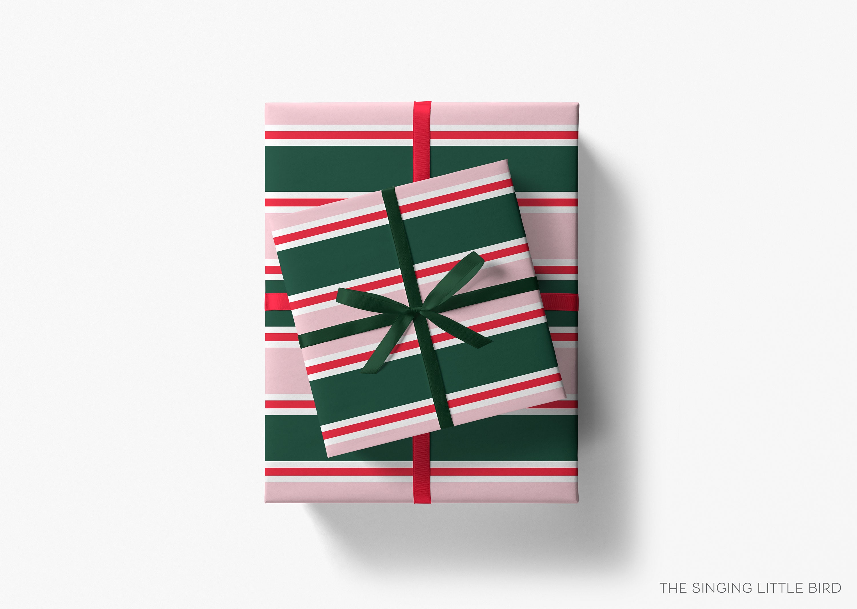 Green, Blush and Red Stripe Christmas Gift Wrap Christmas Wrapping Paper  Pink Holiday Wrapping Paper Forest Green and Blush Stripes 