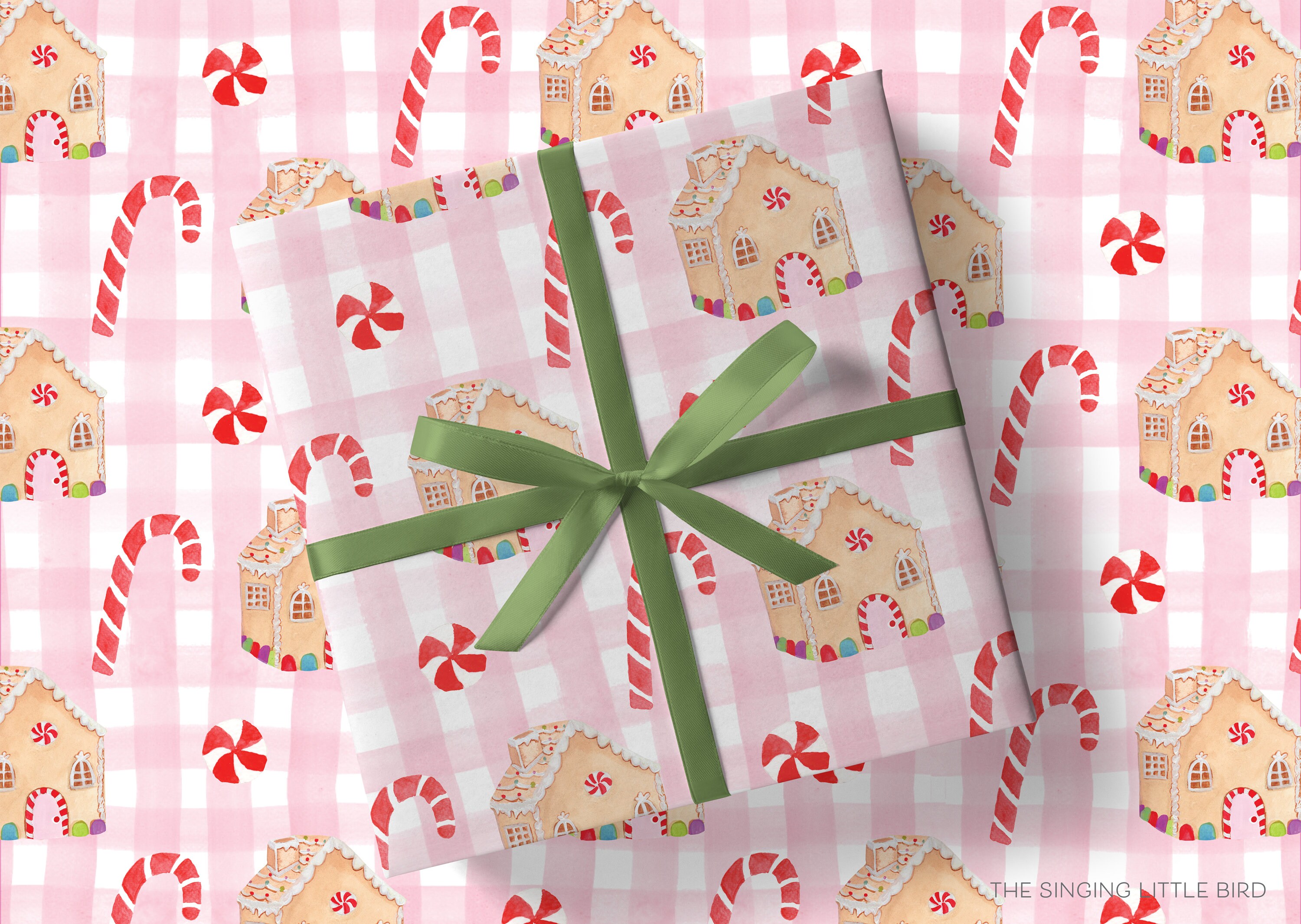 Pink Gingerbread Candy Cane Gingham Christmas Gift Wrap | Christmas ...