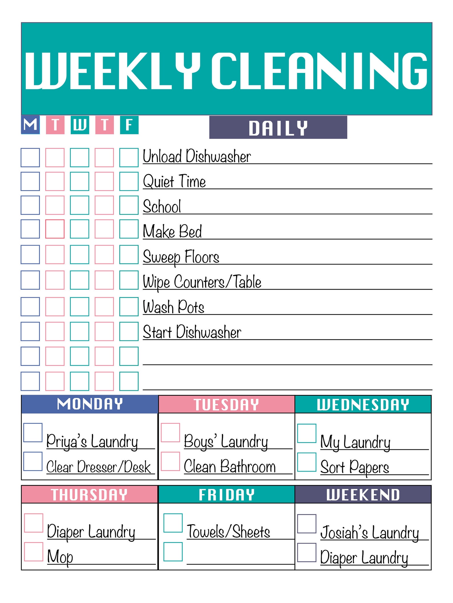 Printable Chore Chart - Cleaning Checklist - Printable & Customizable ...