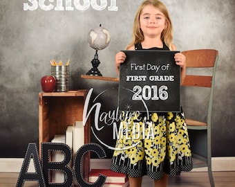 Back to School Children's Portrait - Studio School Chair Desk Prop with Books and Chalkboard - Digital Photo Backdrop - Instant Download