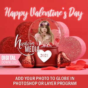 Feliz día de San Valentín Rosa pétalo globo de nieve, niño, pareja, plantilla PNG de la familia, regalo de fotos digital con la superposición de nieve, EDITAR USTED MISMO