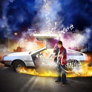 May include: A boy dressed in a red vest and jeans stands next to a silver DeLorean time machine with the doors open. The car is on fire and there are lightning bolts in the background.
