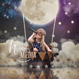 Baby, Toddler, Child, Hot Air Moon Balloon Basket Photography Digital Backdrop Background Prop for Photographers - PNG Coverup Layer