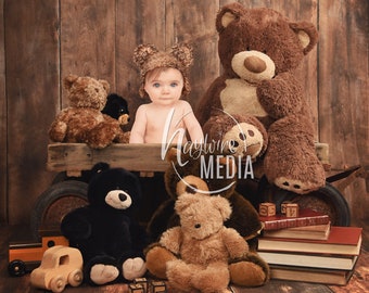 Cute Baby, Toddler, Child, Teddy Bear Wagon Wood Photography Digital Backdrop for Photographers, Teddy Bears Studio Portrait, JPG Download