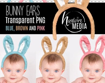 Baby, Toddler, Child Easter Bunny Ears Digital Overlay Prop for Photography - Pink, Blue and Brown Transparent PNG - Instant Download