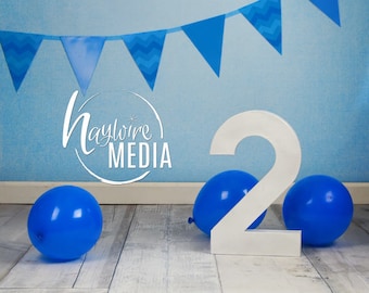 Two Year Old Birthday Photography Backdrop: Blue Balloons JPG Digital Download