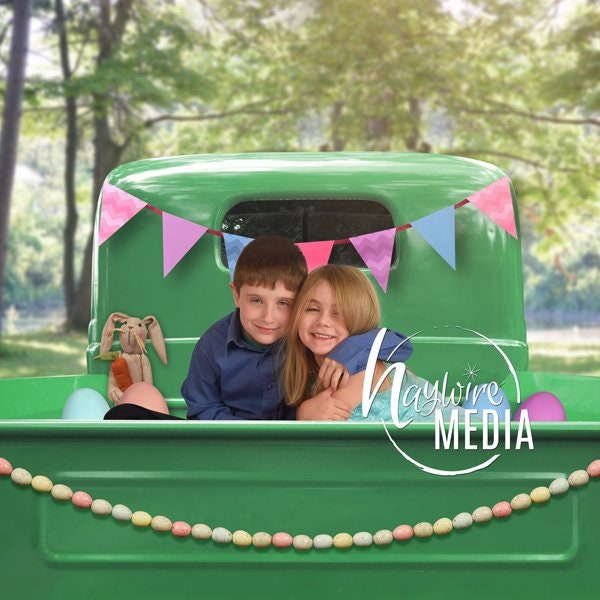 Child, Couple, Family Outdoor Easter Truck Photography Digital Backdrop for Photographers - Outdoor Easter Family Portrait Idea, Digital JPG
