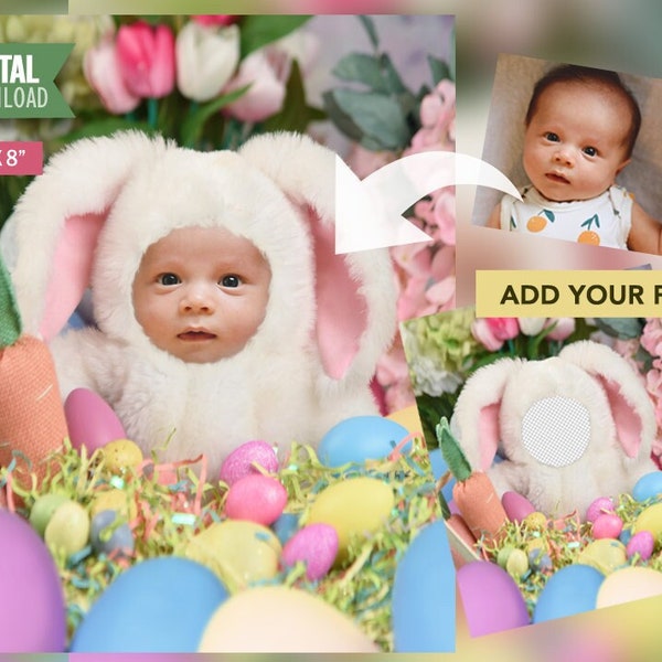 Cute Newborn Baby Easter Bunny Face Swap Portrait Photo, Studio Digital Backdrop DIY, Transparent PNG Face Swap, Digital Photography
