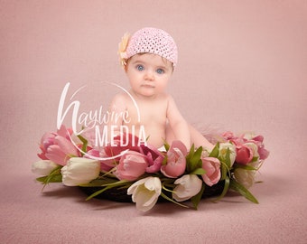 Newborn, Baby, Child, Pink Tulip Flower Wreath Bed, Photography Digital Backdrop Prop for Photographers, PNG Coverup Layer and JPG