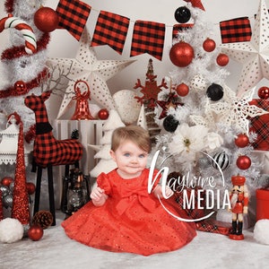 Baby, Toddler, Child, White and Red Plaid Winter Christmas Tree Star Photography Digital Backdrop Prop for Photographers, Studio JPG