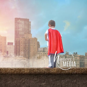 Super Hero Standing on Top of City Building - Photography Digital Backdrop - Halloween Superhero Creative Portrait Idea for Adults and Kids