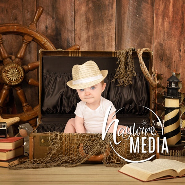 Baby, Toddler, Child, Old Travel Sailor Suitcase - Photography Digital Backdrop Prop for Photographers - Creative Beach Ocean Photo Idea