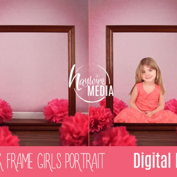 Baby Toddler Child Wood Frame with Pink Party Props Studio Digital Backdrop - Photography Background for Girl's Pretty Portrait - PNG Layer