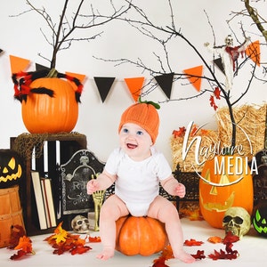 Baby Toddler Child White Studio Holiday Scary Halloween Pumpkin Scene Backdrop - Digital Photography Background - Instant Download
