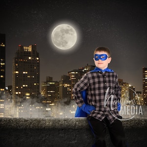 Super Hero Standing on Top of City Building with Transparent PNG Coverup - Halloween Superhero Creative Portrait Idea for Adults and Kids