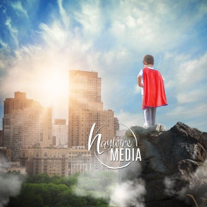 Super Hero City Photo Backdrop - Sky Clouds on Top of Rock Cliff - PNG Coverup Layer - Halloween Superhero Background Portrait Photography