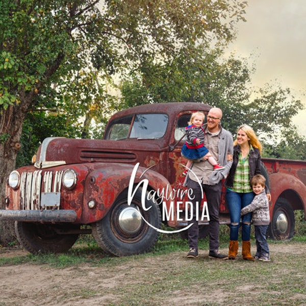 Rustic Outdoor Truck Family Portrait Backdrop, Fall Vintage Red Truck Rustic Digital Photography Background Digital JPG