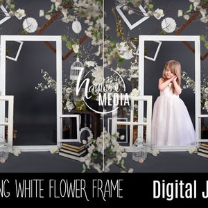Beautiful Pretty White Spring Flowers with Wooden Frames Studio Digital Backdrop Photo for Photographers - Brides, Flower Girl, Child, Baby