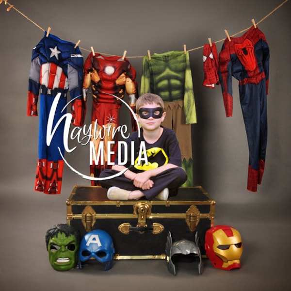 Boys Superhero Costume Dressup Clothesline Studio Scene Backdrop - Digital Super Hero Halloween Photography Background - Instant Download